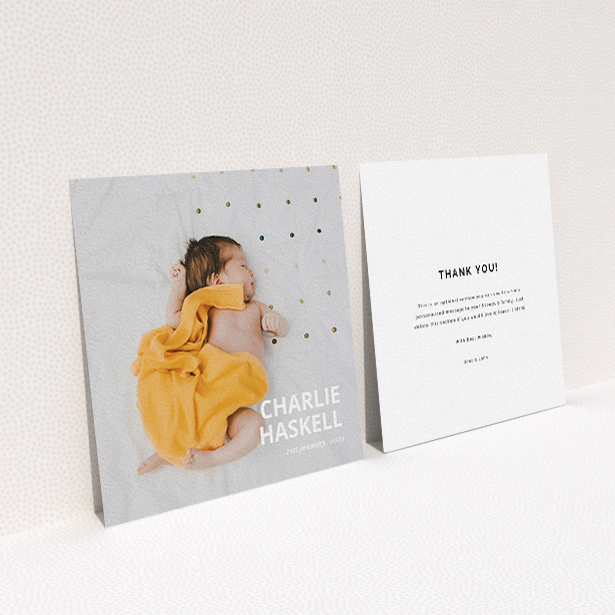 A baby thank you card called "Bold Photo Corner". It is a square (148mm x 148mm) card in a square orientation. It is a photographic baby thank you card with room for 1 photo. "Bold Photo Corner" is available as a flat card, with mainly white colouring.