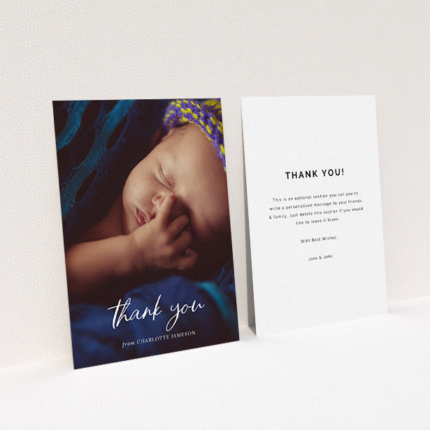 A baby thank you card template titled "Calligraphy Thanks". It is an A6 card in a portrait orientation. It is a photographic baby thank you card with room for 1 photo. "Calligraphy Thanks" is available as a flat card, with mainly white colouring.