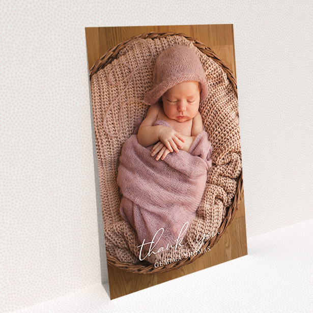 A baby thank you card design named "Classic Thank You". It is an A6 card in a portrait orientation. It is a photographic baby thank you card with room for 1 photo. "Classic Thank You" is available as a flat card, with mainly white colouring.