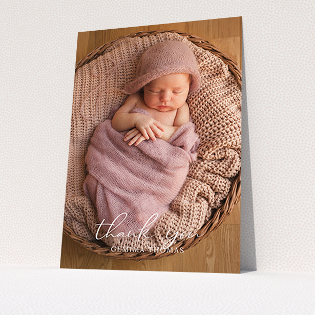 A baby thank you card design named "Classic Thank You". It is an A6 card in a portrait orientation. It is a photographic baby thank you card with room for 1 photo. "Classic Thank You" is available as a flat card, with mainly white colouring.