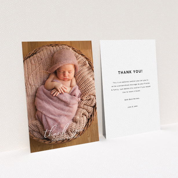 A baby thank you card design named "Classic Thank You". It is an A6 card in a portrait orientation. It is a photographic baby thank you card with room for 1 photo. "Classic Thank You" is available as a flat card, with mainly white colouring.