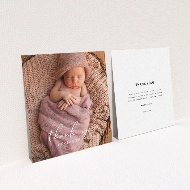 A baby thank you card named "Classic Thank You". It is a square (148mm x 148mm) card in a square orientation. It is a photographic baby thank you card with room for 1 photo. "Classic Thank You" is available as a flat card, with mainly white colouring.