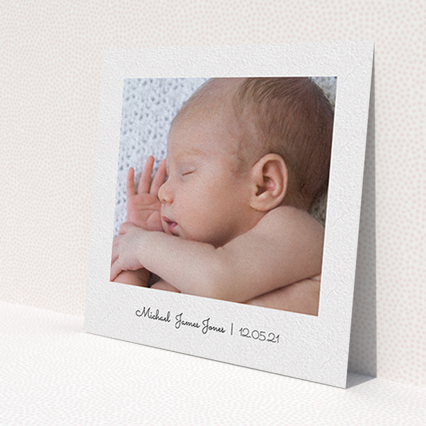 A baby thank you card design named 'Classic Thank You with Photo'. It is a square (148mm x 148mm) card in a square orientation. It is a photographic baby thank you card with room for 1 photo. 'Classic Thank You with Photo' is available as a flat card, with mainly white colouring.