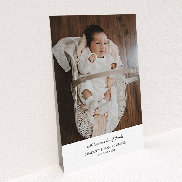 A baby thank you card design titled "Classic Wedding Thanks". It is an A6 card in a portrait orientation. It is a photographic baby thank you card with room for 1 photo. "Classic Wedding Thanks" is available as a flat card, with mainly white colouring.