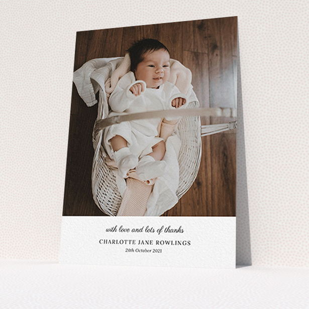 A baby thank you card design titled "Classic Wedding Thanks". It is an A6 card in a portrait orientation. It is a photographic baby thank you card with room for 1 photo. "Classic Wedding Thanks" is available as a flat card, with mainly white colouring.