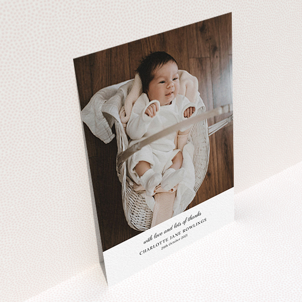 A baby thank you card design titled "Classic Wedding Thanks". It is an A6 card in a portrait orientation. It is a photographic baby thank you card with room for 1 photo. "Classic Wedding Thanks" is available as a flat card, with mainly white colouring.