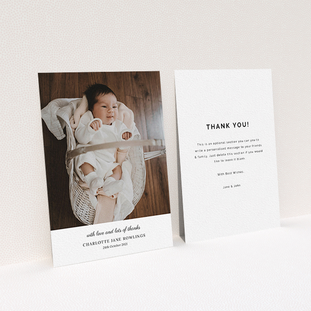 A baby thank you card design titled "Classic Wedding Thanks". It is an A6 card in a portrait orientation. It is a photographic baby thank you card with room for 1 photo. "Classic Wedding Thanks" is available as a flat card, with mainly white colouring.