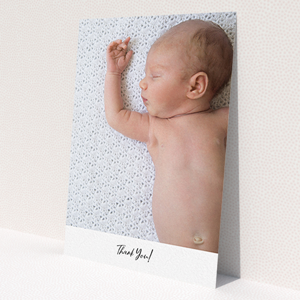 A baby thank you card named 'Mr & Mrs Footer'. It is an A6 card in a portrait orientation. It is a photographic baby thank you card with room for 1 photo. 'Mr & Mrs Footer' is available as a flat card, with mainly white colouring.