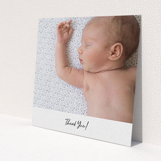 A baby thank you card design titled 'Mr & Mrs Footer'. It is a square (148mm x 148mm) card in a square orientation. It is a photographic baby thank you card with room for 1 photo. 'Mr & Mrs Footer' is available as a flat card, with mainly white colouring.