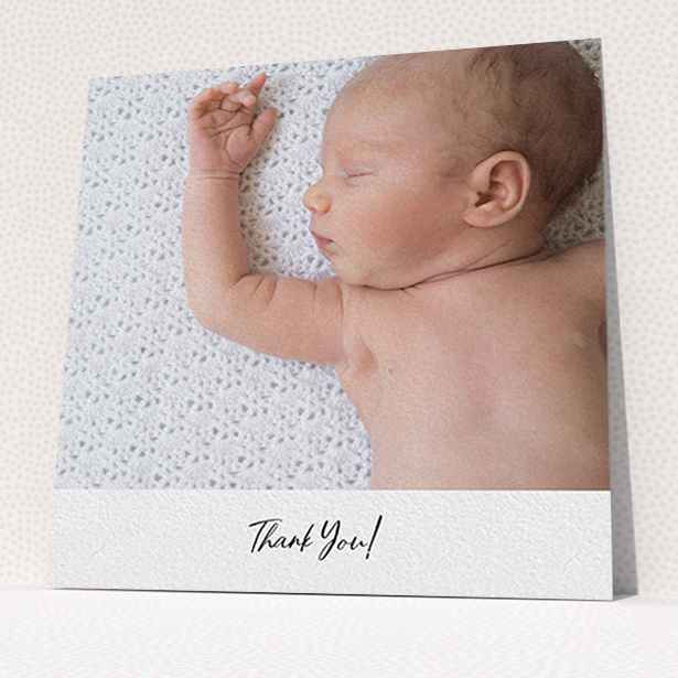 A baby thank you card design titled "Mr & Mrs Footer". It is a square (148mm x 148mm) card in a square orientation. It is a photographic baby thank you card with room for 1 photo. "Mr & Mrs Footer" is available as a flat card, with mainly white colouring.