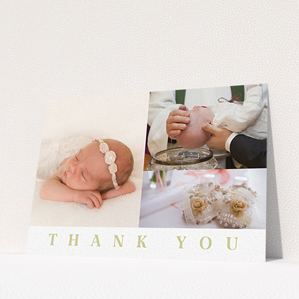 A baby thank you card named "One and Two Half Frames". It is an A6 card in a landscape orientation. It is a photographic baby thank you card with room for 3 photos. "One and Two Half Frames" is available as a flat card, with tones of white and gold.