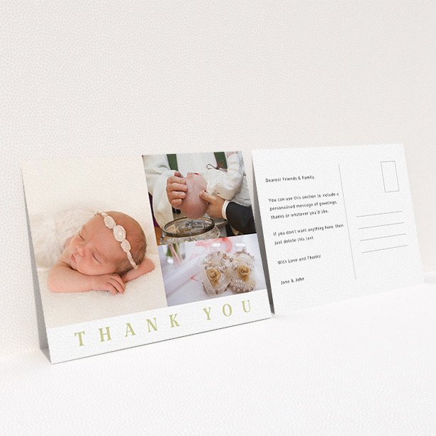A baby thank you card named "One and Two Half Frames". It is an A6 card in a landscape orientation. It is a photographic baby thank you card with room for 3 photos. "One and Two Half Frames" is available as a flat card, with tones of white and gold.