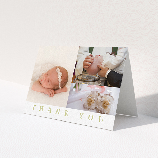 A baby thank you card design named 'One and Two Half Frames'. It is an A6 card in a landscape orientation. It is a photographic baby thank you card with room for 3 photos. 'One and Two Half Frames' is available as a folded card, with tones of white and gold.