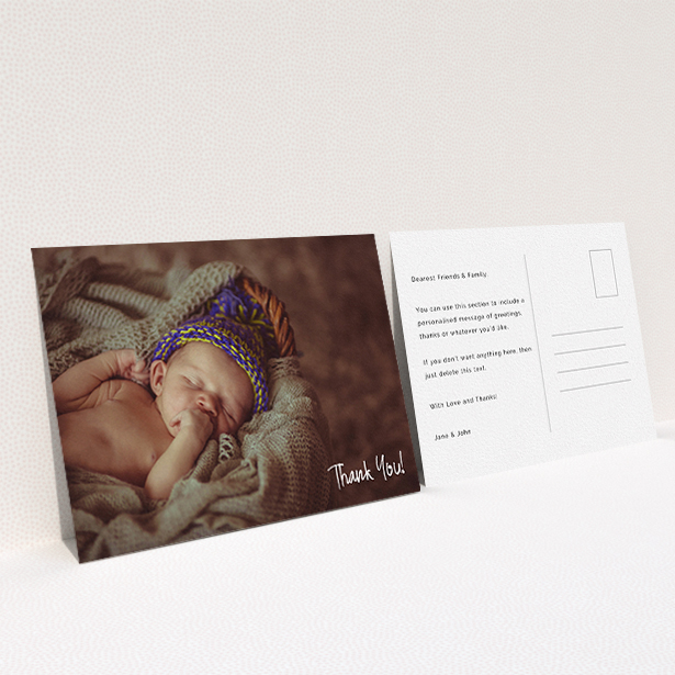 A baby thank you card named "Rough but Simple Photo". It is an A6 card in a landscape orientation. It is a photographic baby thank you card with room for 1 photo. "Rough but Simple Photo" is available as a flat card, with mainly white colouring.