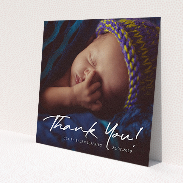 A baby thank you card design titled 'Simple Appreciation'. It is a square (148mm x 148mm) card in a square orientation. It is a photographic baby thank you card with room for 1 photo. 'Simple Appreciation' is available as a flat card, with mainly white colouring.