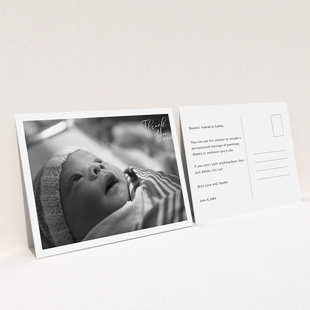 A baby thank you card named "Simple Landscape Thanks". It is an A6 card in a landscape orientation. It is a photographic baby thank you card with room for 1 photo. "Simple Landscape Thanks" is available as a flat card, with mainly white colouring.