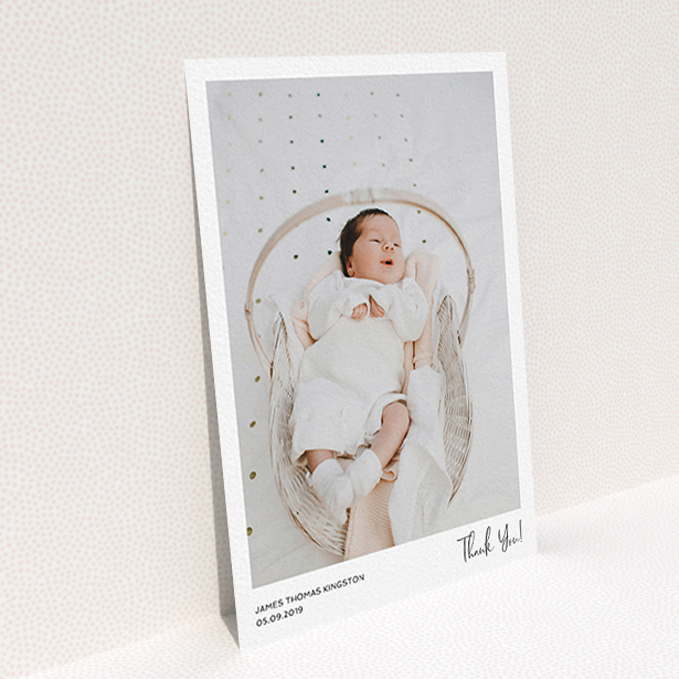 A baby thank you card called "Simple Wedding Thank You". It is an A6 card in a portrait orientation. It is a photographic baby thank you card with room for 1 photo. "Simple Wedding Thank You" is available as a flat card, with mainly white colouring.