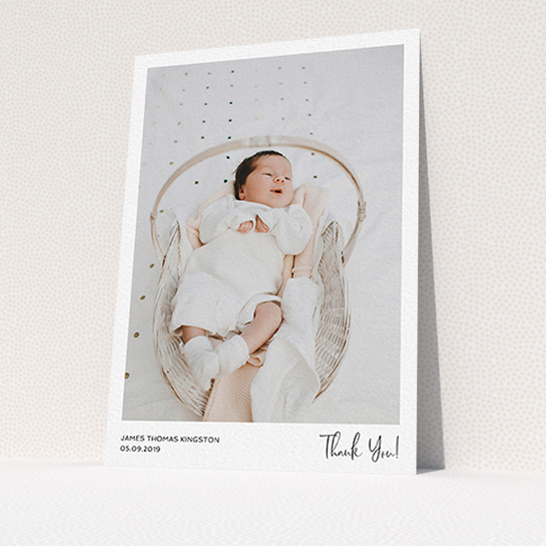 A baby thank you card called "Simple Wedding Thank You". It is an A6 card in a portrait orientation. It is a photographic baby thank you card with room for 1 photo. "Simple Wedding Thank You" is available as a flat card, with mainly white colouring.