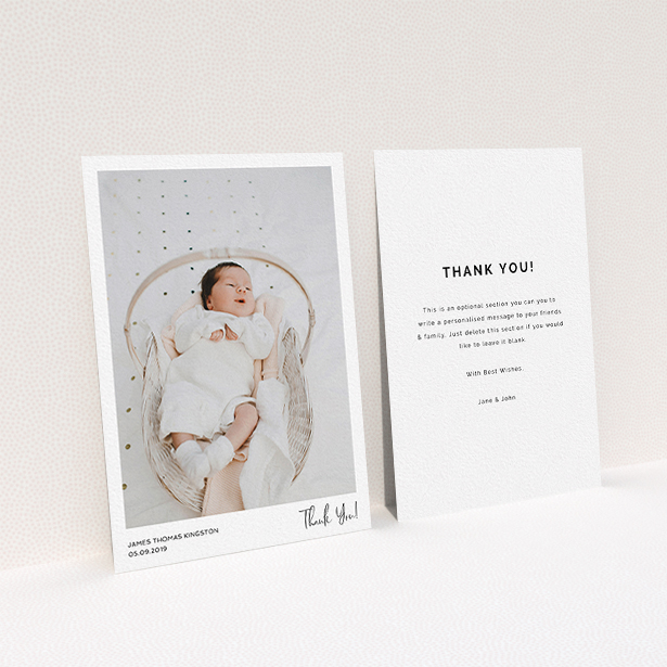 A baby thank you card called "Simple Wedding Thank You". It is an A6 card in a portrait orientation. It is a photographic baby thank you card with room for 1 photo. "Simple Wedding Thank You" is available as a flat card, with mainly white colouring.