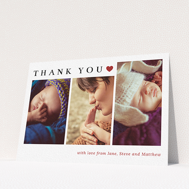 A baby thank you card design called "Simply Thanks". It is an A6 card in a landscape orientation. It is a photographic baby thank you card with room for 3 photos. "Simply Thanks" is available as a flat card, with tones of white and red.