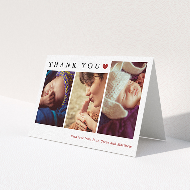 A baby thank you card called 'Simply Thanks'. It is an A6 card in a landscape orientation. It is a photographic baby thank you card with room for 3 photos. 'Simply Thanks' is available as a folded card, with tones of white and red.