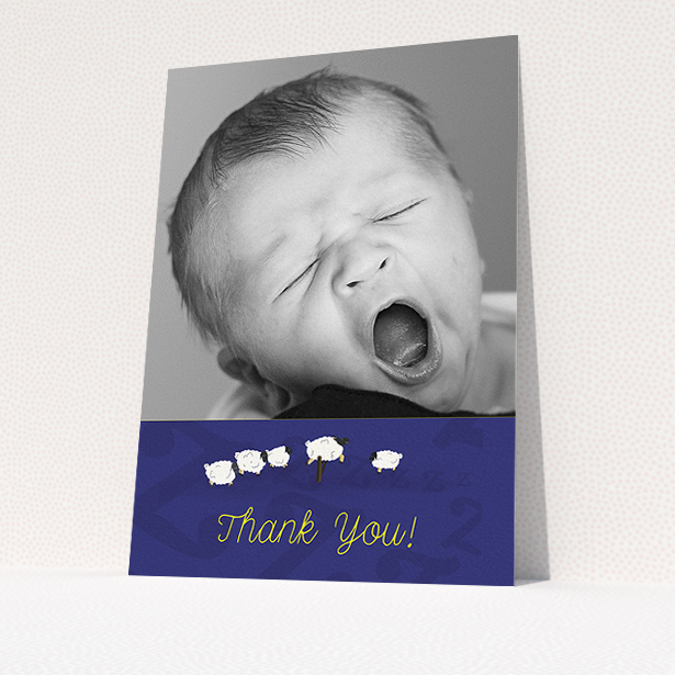 A baby thank you card template titled "Sleepy Time". It is an A5 card in a portrait orientation. It is a photographic baby thank you card with room for 1 photo. "Sleepy Time" is available as a flat card, with tones of navy blue and white.