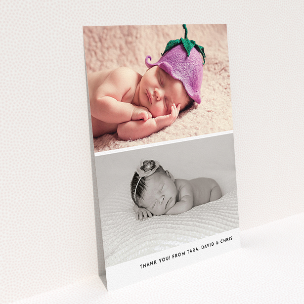 A baby thank you card named "Stacked Landscapes". It is an A5 card in a portrait orientation. It is a photographic baby thank you card with room for 2 photos. "Stacked Landscapes" is available as a flat card, with mainly white colouring.