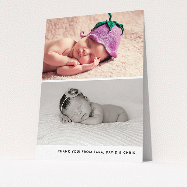 A baby thank you card named "Stacked Landscapes". It is an A5 card in a portrait orientation. It is a photographic baby thank you card with room for 2 photos. "Stacked Landscapes" is available as a flat card, with mainly white colouring.
