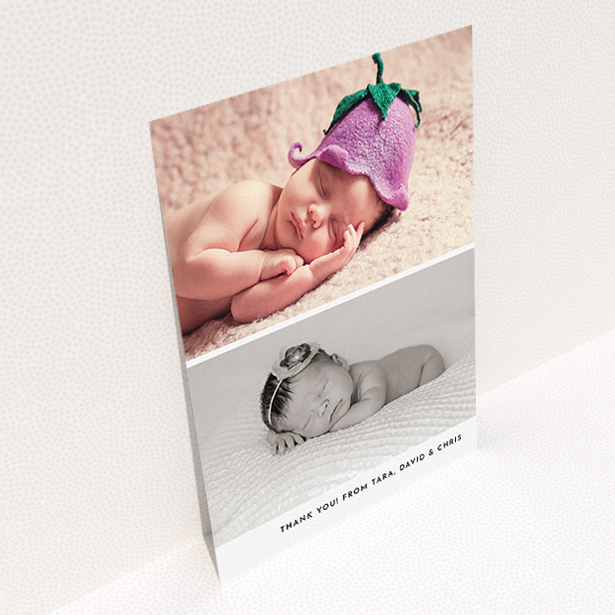 A baby thank you card named "Stacked Landscapes". It is an A5 card in a portrait orientation. It is a photographic baby thank you card with room for 2 photos. "Stacked Landscapes" is available as a flat card, with mainly white colouring.