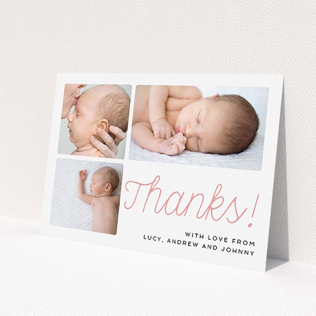 A baby thank you card design called 'Thank You Cursive'. It is an A5 card in a landscape orientation. It is a photographic baby thank you card with room for 3 photos. 'Thank You Cursive' is available as a flat card, with tones of white and pink.