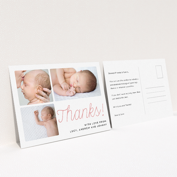 A baby thank you card design called "Thank You Cursive". It is an A5 card in a landscape orientation. It is a photographic baby thank you card with room for 3 photos. "Thank You Cursive" is available as a flat card, with tones of white and pink.