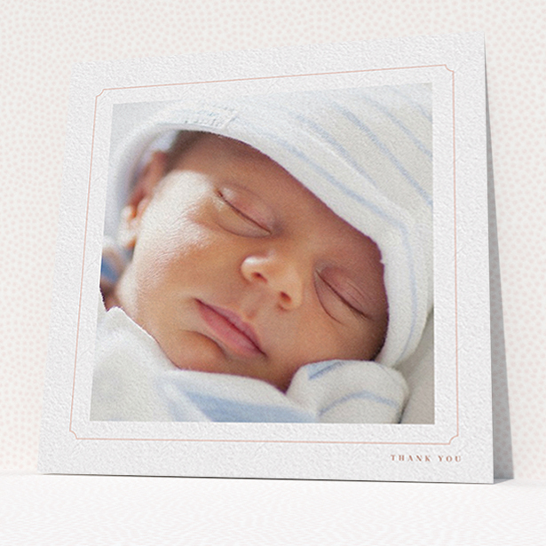 A baby thank you card design titled "Thin Pink". It is a square (148mm x 148mm) card in a square orientation. It is a photographic baby thank you card with room for 1 photo. "Thin Pink" is available as a flat card, with tones of white and pink.
