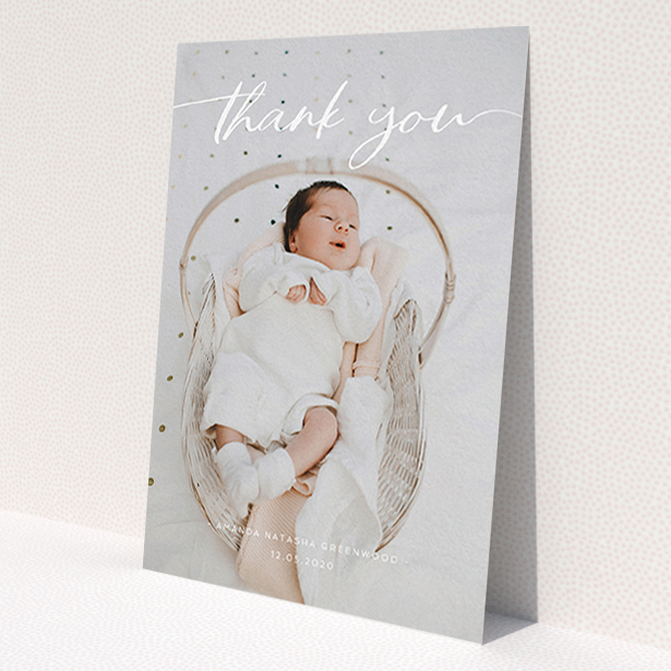 A baby thank you card template titled 'Topped and Bottomed'. It is an A6 card in a portrait orientation. It is a photographic baby thank you card with room for 1 photo. 'Topped and Bottomed' is available as a flat card, with mainly white colouring.