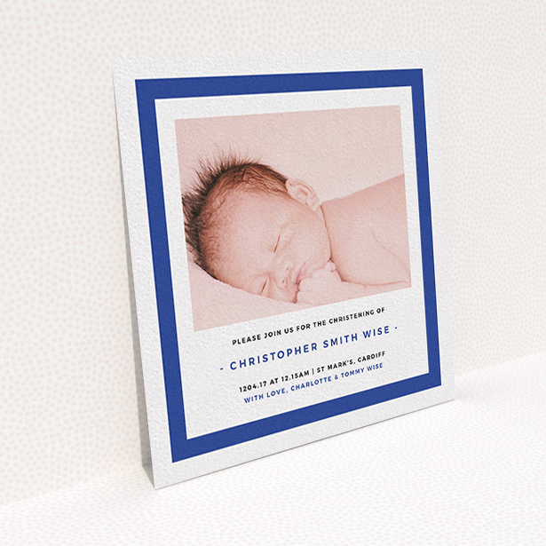 A baptism invitation design called "Big Blue". It is a square (148mm x 148mm) invite card in a square orientation. It is a photographic baptism invitation with room for 1 photo. "Big Blue" is available as a flat invite card, with tones of blue and white.