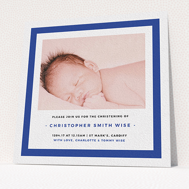 A baptism invitation design called "Big Blue". It is a square (148mm x 148mm) invite card in a square orientation. It is a photographic baptism invitation with room for 1 photo. "Big Blue" is available as a flat invite card, with tones of blue and white.