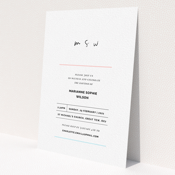 A baptism invitation design named 'Blue and Pink'. It is an A6 invite card in a portrait orientation. 'Blue and Pink' is available as a flat invite card, with tones of white and blue.