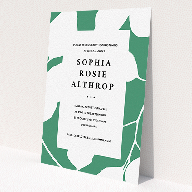 A baptism invitation template titled 'Bold Green'. It is an A6 invite card in a portrait orientation. 'Bold Green' is available as a flat invite card, with tones of green and white.