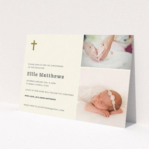 A baptism invitation design named "Gold Cross". It is an A5 invite card in a landscape orientation. It is a photographic baptism invitation with room for 2 photos. "Gold Cross" is available as a flat invite card, with tones of cream and gold.