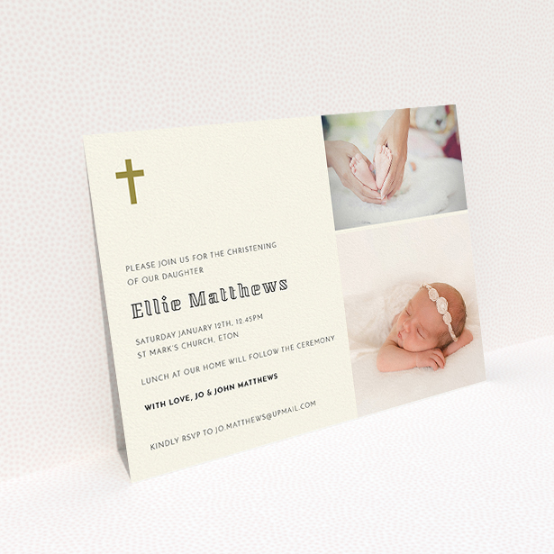 A baptism invitation design named "Gold Cross". It is an A5 invite card in a landscape orientation. It is a photographic baptism invitation with room for 2 photos. "Gold Cross" is available as a flat invite card, with tones of cream and gold.