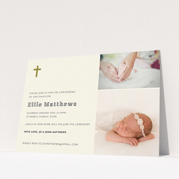 A baptism invitation design named "Gold Cross". It is an A5 invite card in a landscape orientation. It is a photographic baptism invitation with room for 2 photos. "Gold Cross" is available as a flat invite card, with tones of cream and gold.