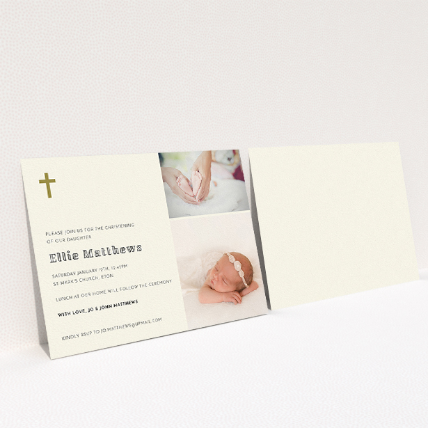 A baptism invitation design named "Gold Cross". It is an A5 invite card in a landscape orientation. It is a photographic baptism invitation with room for 2 photos. "Gold Cross" is available as a flat invite card, with tones of cream and gold.