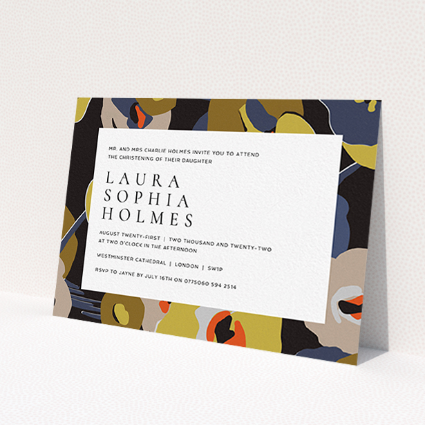 A baptism invitation template titled 'Night-time Botanica'. It is an A6 invite card in a landscape orientation. 'Night-time Botanica' is available as a flat invite card, with tones of black, dark gold and orange.