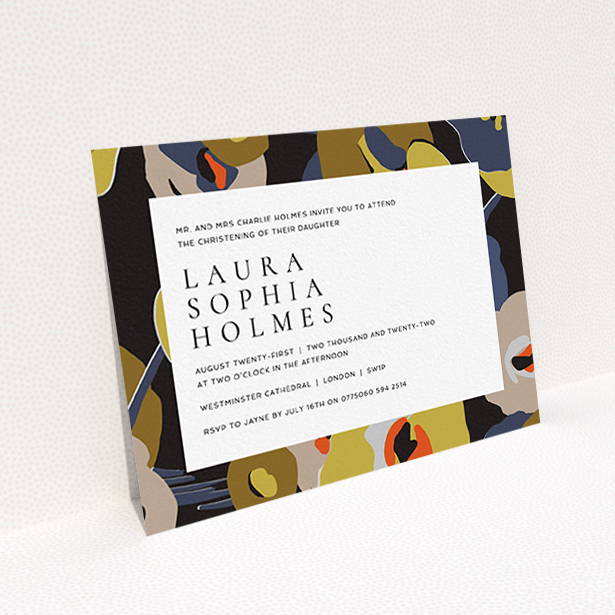 A baptism invitation template titled "Night-time Botanica". It is an A6 invite card in a landscape orientation. "Night-time Botanica" is available as a flat invite card, with tones of black, dark gold and orange.