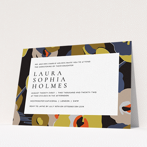 A baptism invitation template titled "Night-time Botanica". It is an A6 invite card in a landscape orientation. "Night-time Botanica" is available as a flat invite card, with tones of black, dark gold and orange.