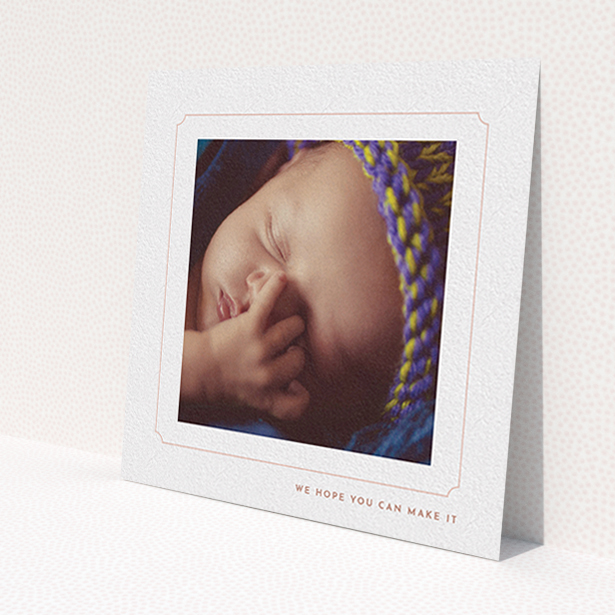 A baptism invitation named 'Pink notch Frame'. It is a square (148mm x 148mm) invite card in a square orientation. It is a photographic baptism invitation with room for 1 photo. 'Pink notch Frame' is available as a flat invite card, with tones of white and pink.