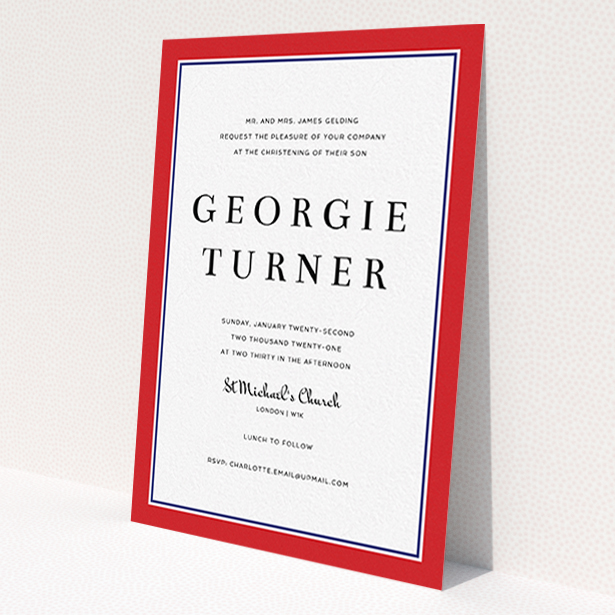 A baptism invitation design titled 'Prep Pep'. It is an A6 invite card in a portrait orientation. 'Prep Pep' is available as a flat invite card, with tones of red and blue.