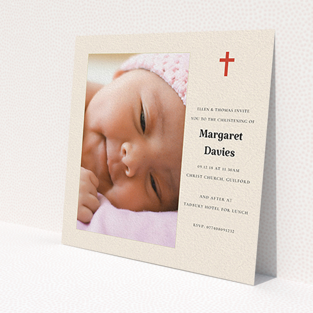A baptism invitation template titled 'Red and Cream'. It is a square (148mm x 148mm) invite card in a square orientation. It is a photographic baptism invitation with room for 1 photo. 'Red and Cream' is available as a flat invite card, with tones of red and cream.
