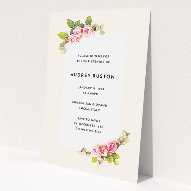 A baptism invitation design named 'Rose Corners'. It is an A6 invite card in a portrait orientation. 'Rose Corners' is available as a flat invite card, with tones of light pink and green.