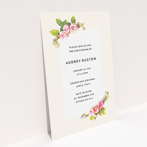 A baptism invitation design named "Rose Corners". It is an A6 invite card in a portrait orientation. "Rose Corners" is available as a flat invite card, with tones of light pink and green.