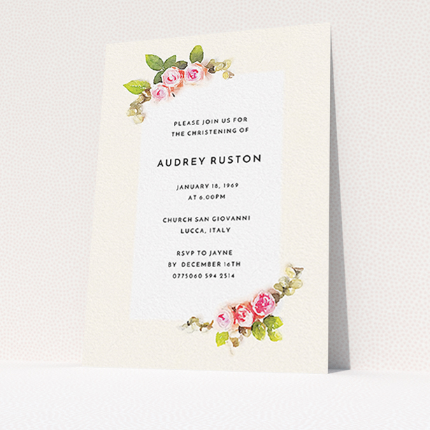 A baptism invitation design named "Rose Corners". It is an A6 invite card in a portrait orientation. "Rose Corners" is available as a flat invite card, with tones of light pink and green.